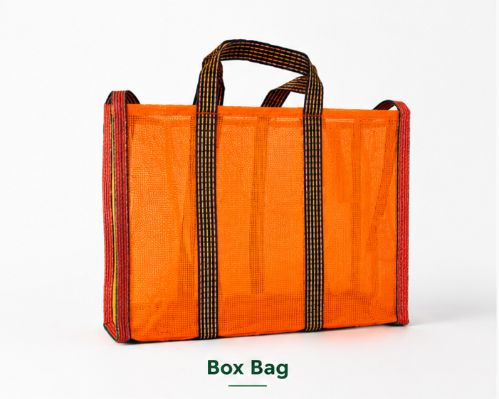 Box Bag, orange mesh with red trim and structured box profile