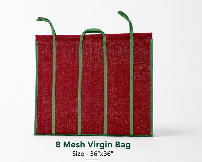 8 Mesh Virgin Bag, size 36 by 36 inches, red mesh with green trim