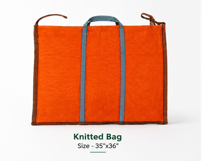Knitted Bag, size 35 by 36 inches, orange mesh with blue straps