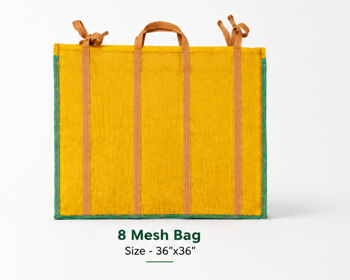 8 Mesh Bag, size 36 by 36 inches, yellow mesh with green trim